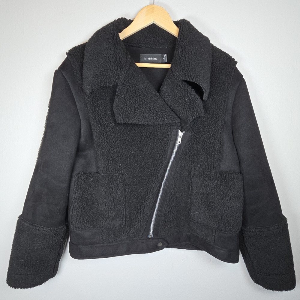 MINKPINK Women's Vegan Leather Faux Fur Zip Up Pocket Moto Jacket Small Black